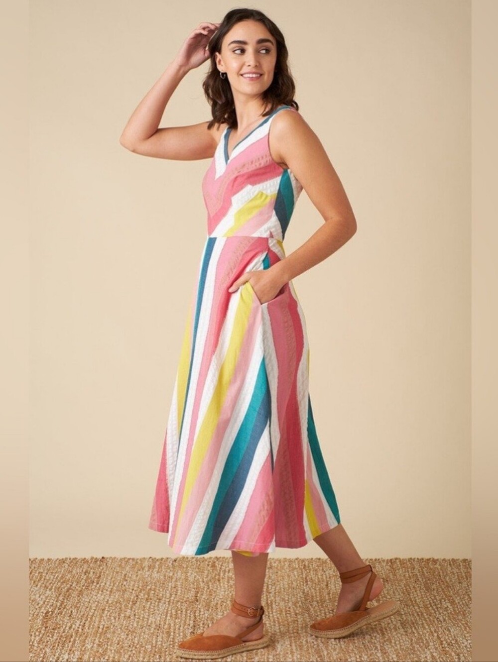 Emily and Fin Margot Midi Dress Summer Rainbow Stripe NWT Large